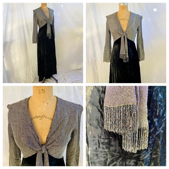 vtg 60s Silver Space Age Lurex Mod Glam Black Velvet Maxi Dress Bead Fringe S - Picture 1 of 11